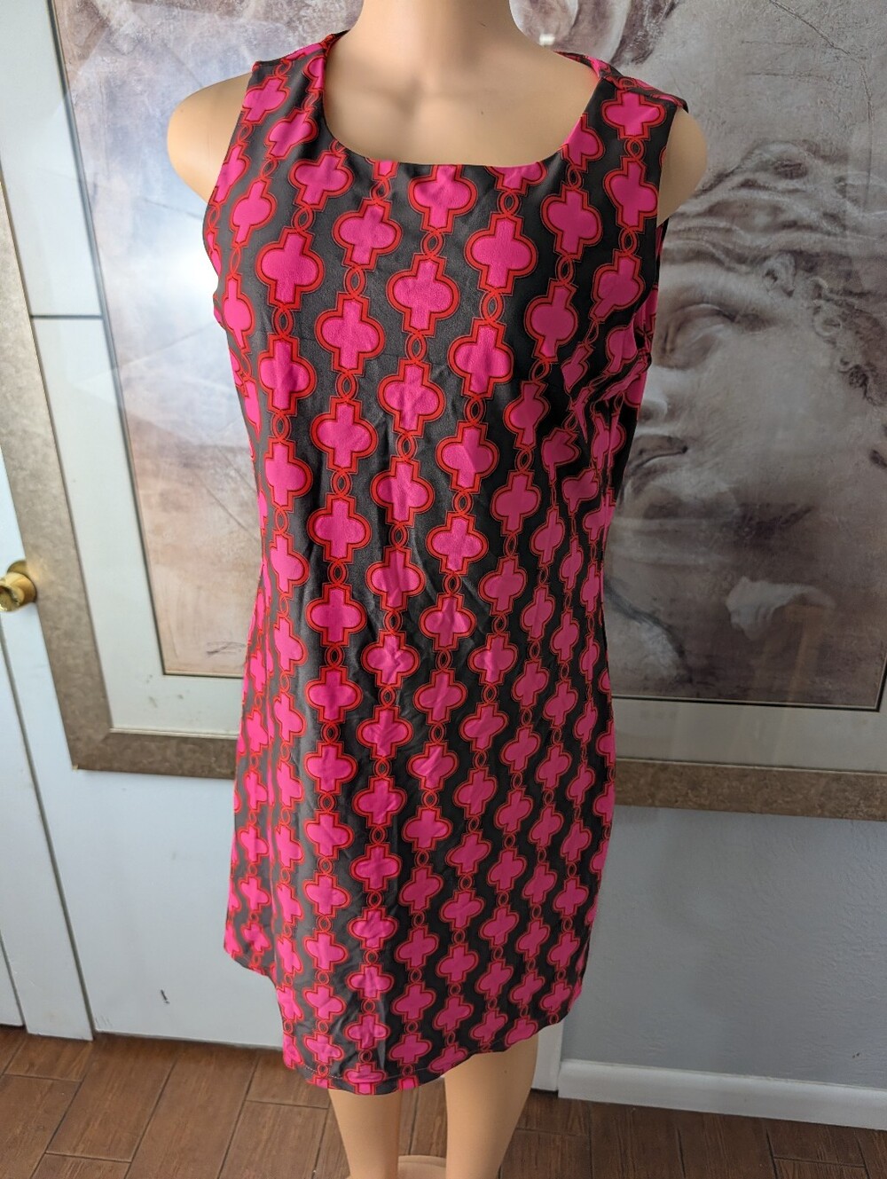 Jude Connally Keyhole Lattice Shift Dress Hot Pink Black Sleeveless Size L